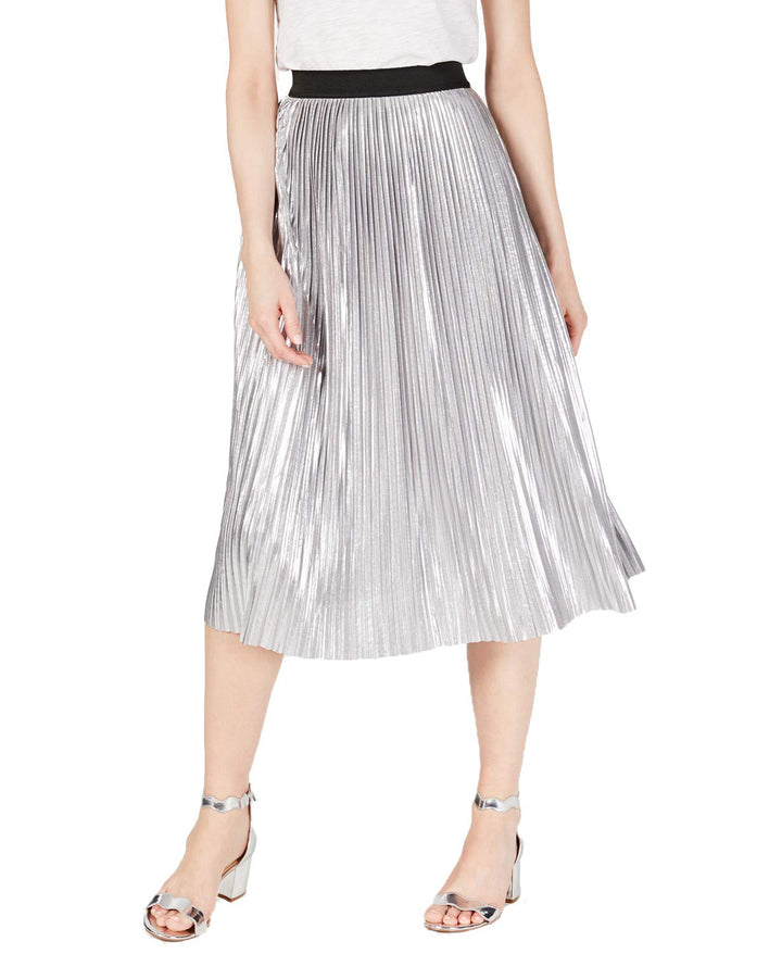 Pull On Metallic Pleated Midi Skirt