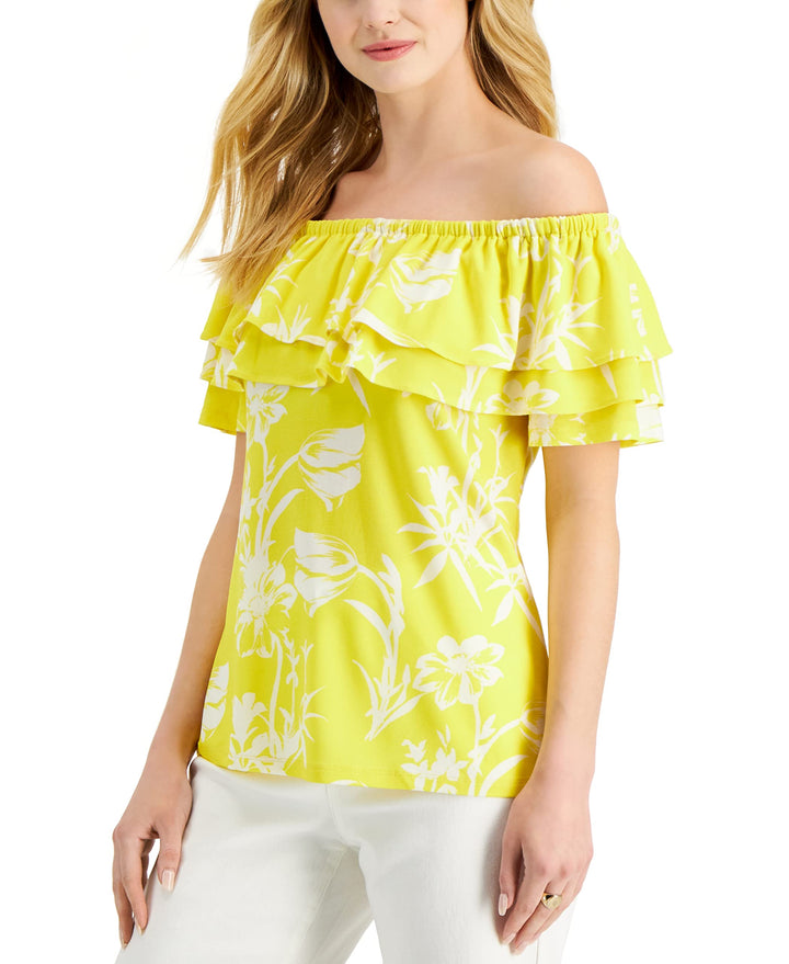 Charter Club Womens Printed Off The Shoulder Ruffled Knit Top