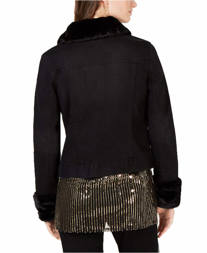INC Leopard-Print Faux-Fur Trim Denim Jacket
