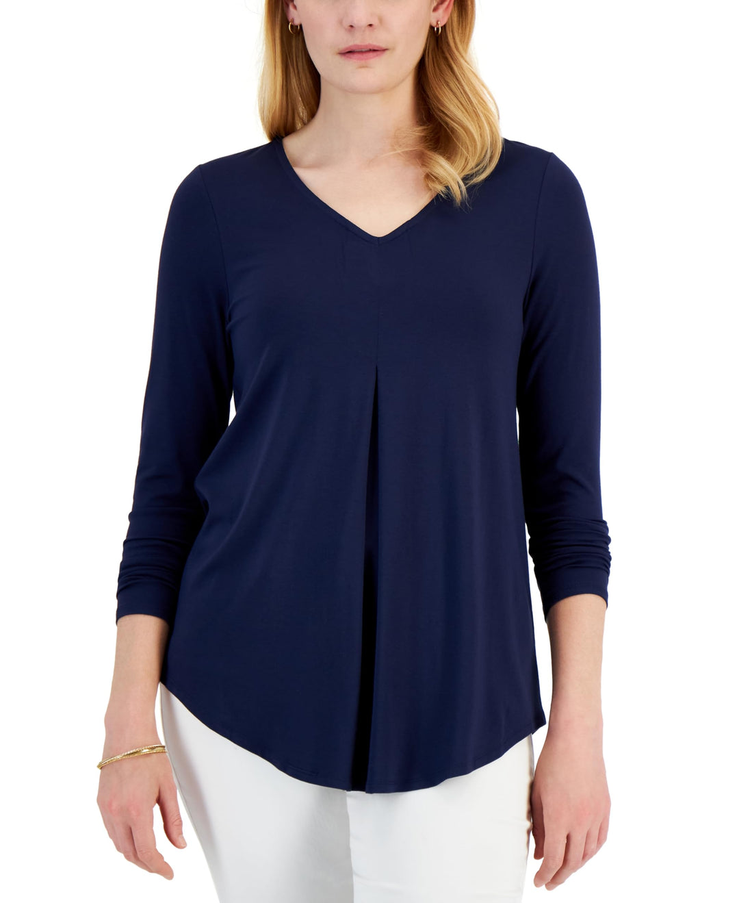 JM Collection Petite V Neck Pleat Front Tunic