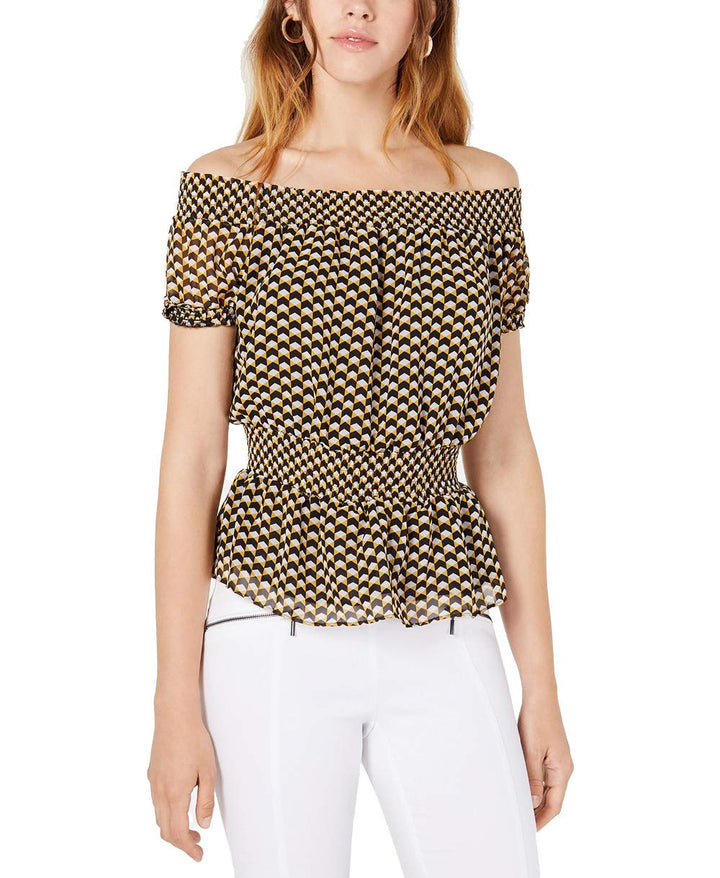 Bar III Geometric Print Smocked Top