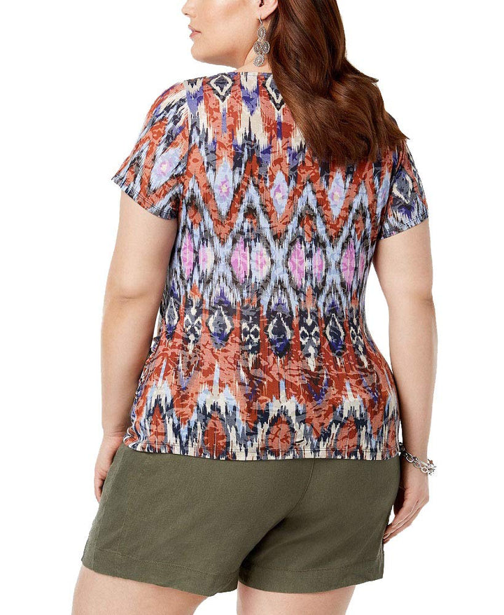 Plus Size Ruched Printed Burnout Top