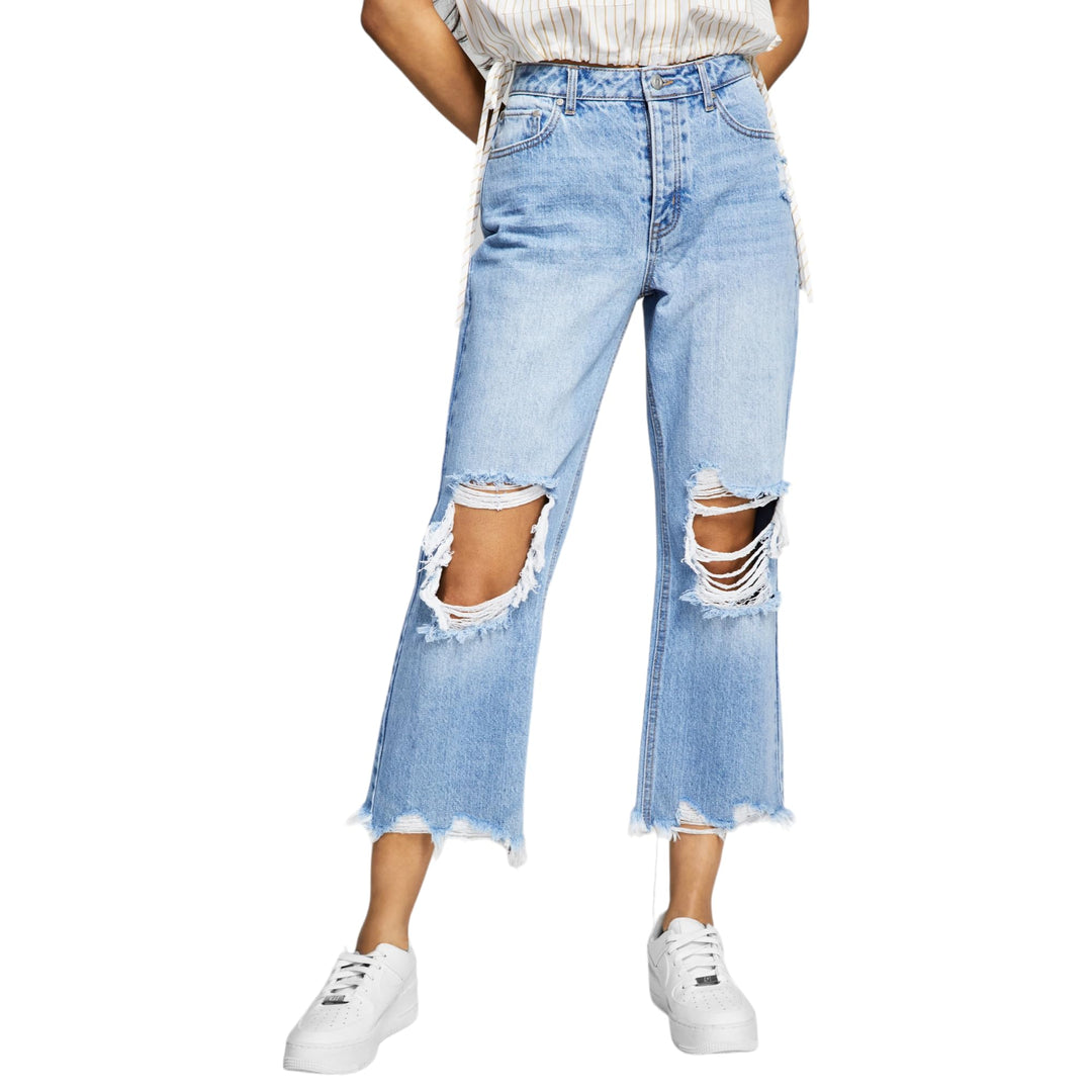 Now This Womens Cotton Ripped Cropped Wide Leg Jeans