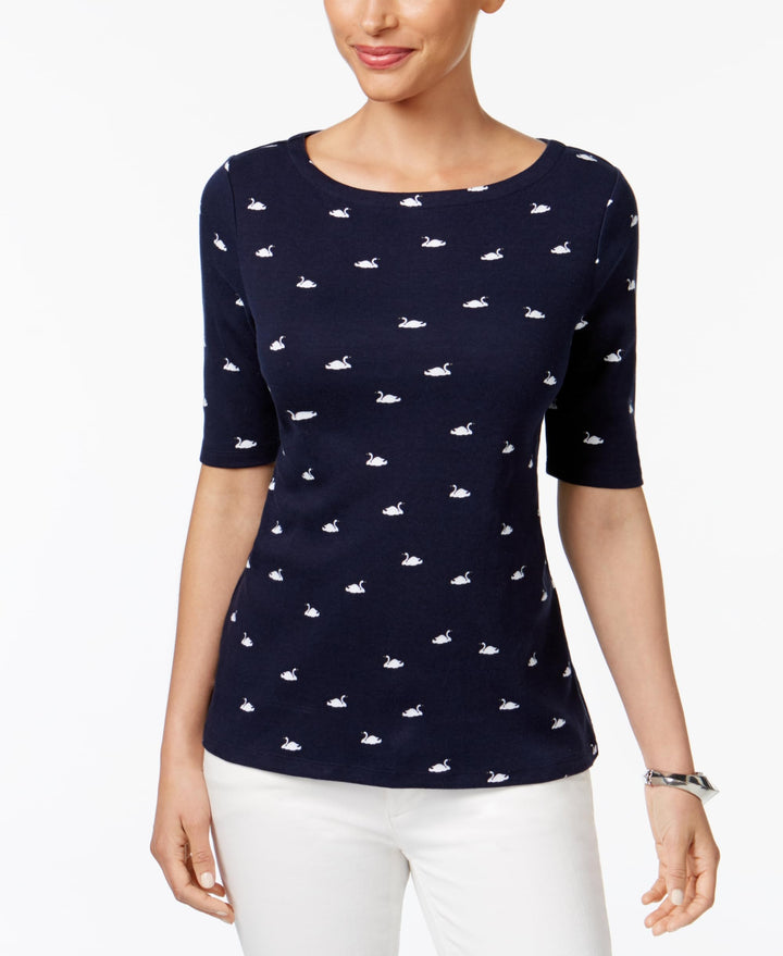 Charter Club Cotton Printed Boat Neck Top