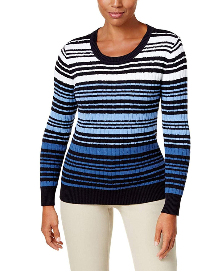 Karen Scott Cotton Striped Cable Knit Sweater