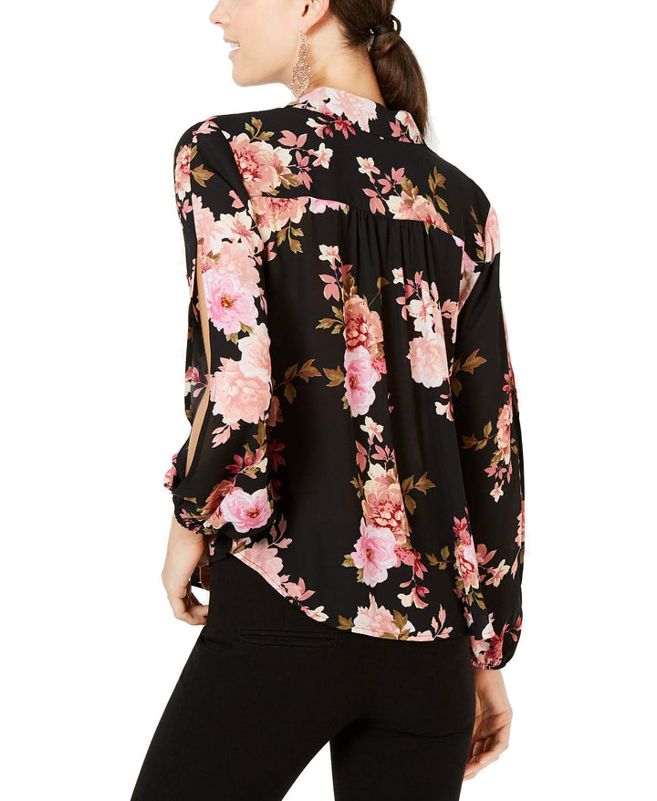 I.N.C. Petite Floral Split-Sleeve Button-Up Top