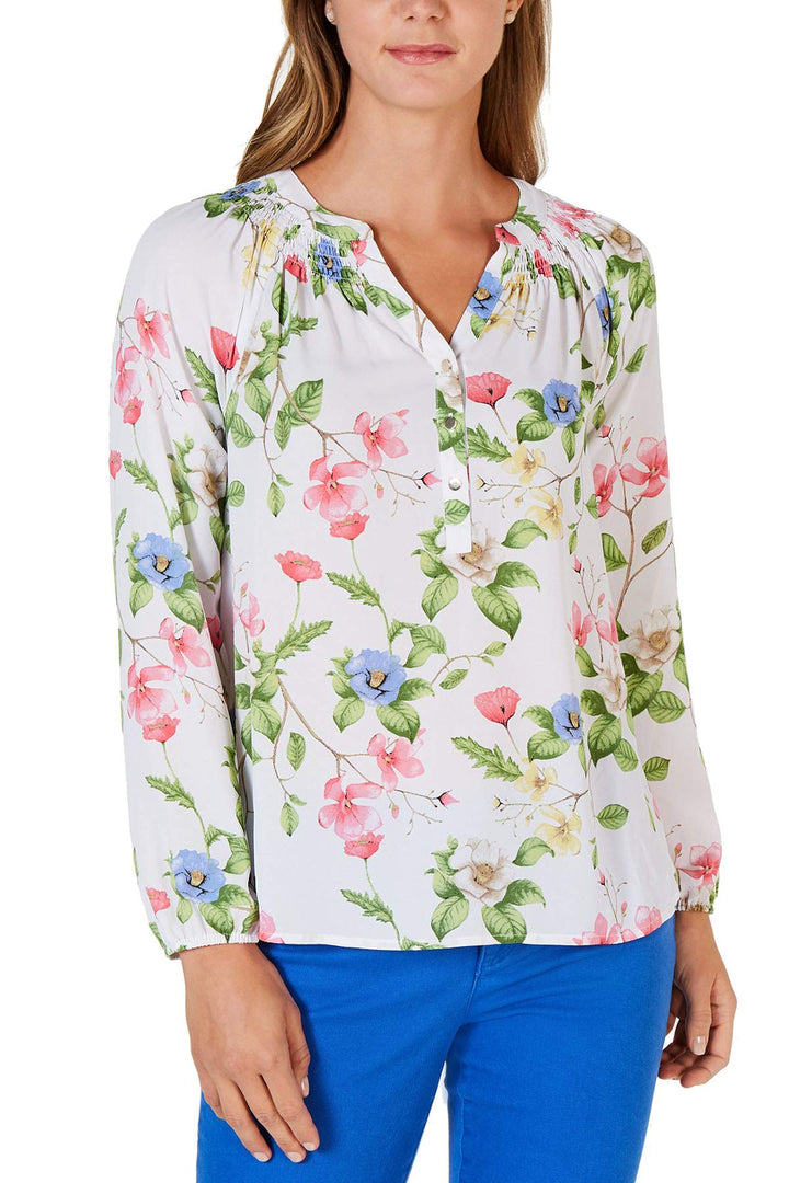 Petite Floral-Print Smocked Top