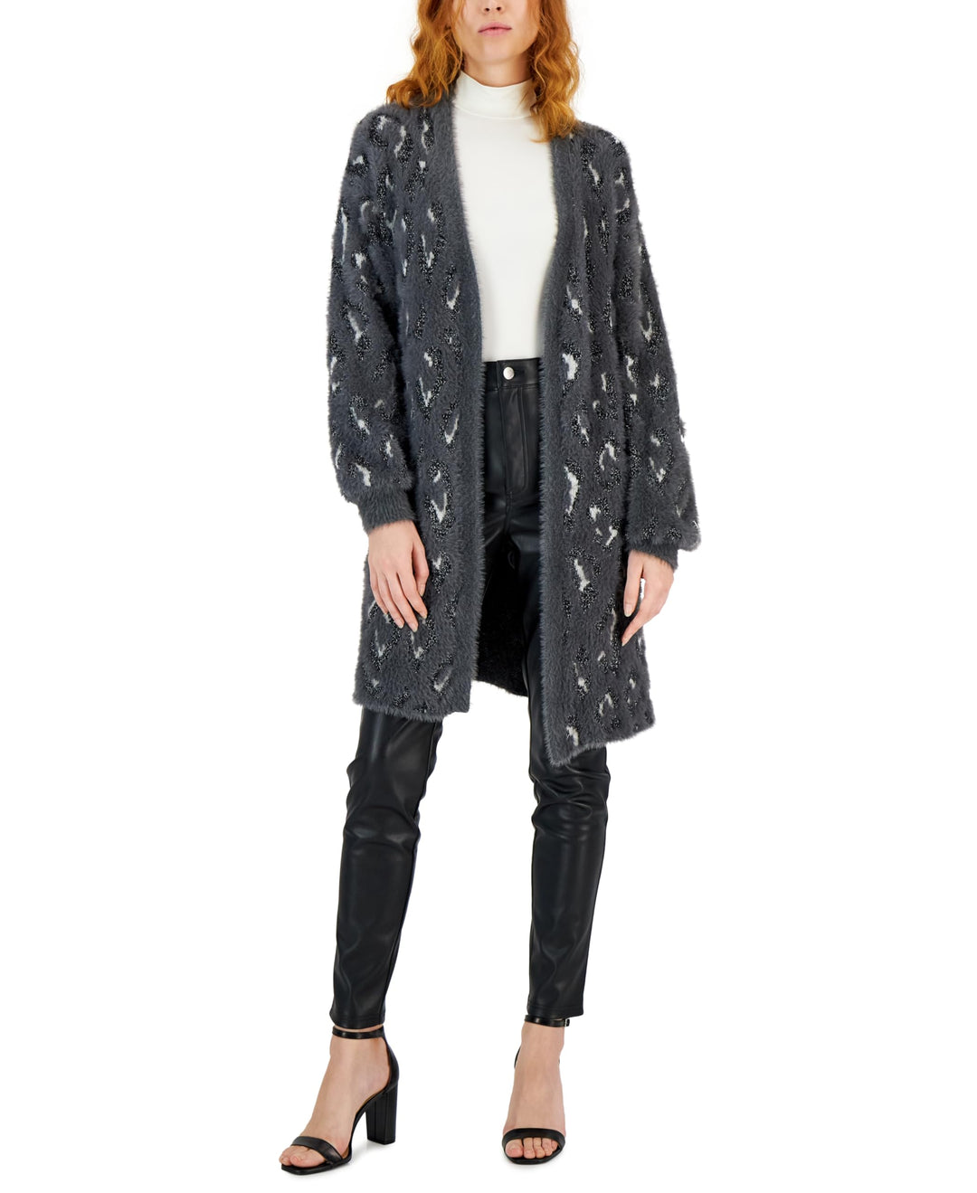 International Concepts Womens Fuzzy Animal Print Open Front Cardigan