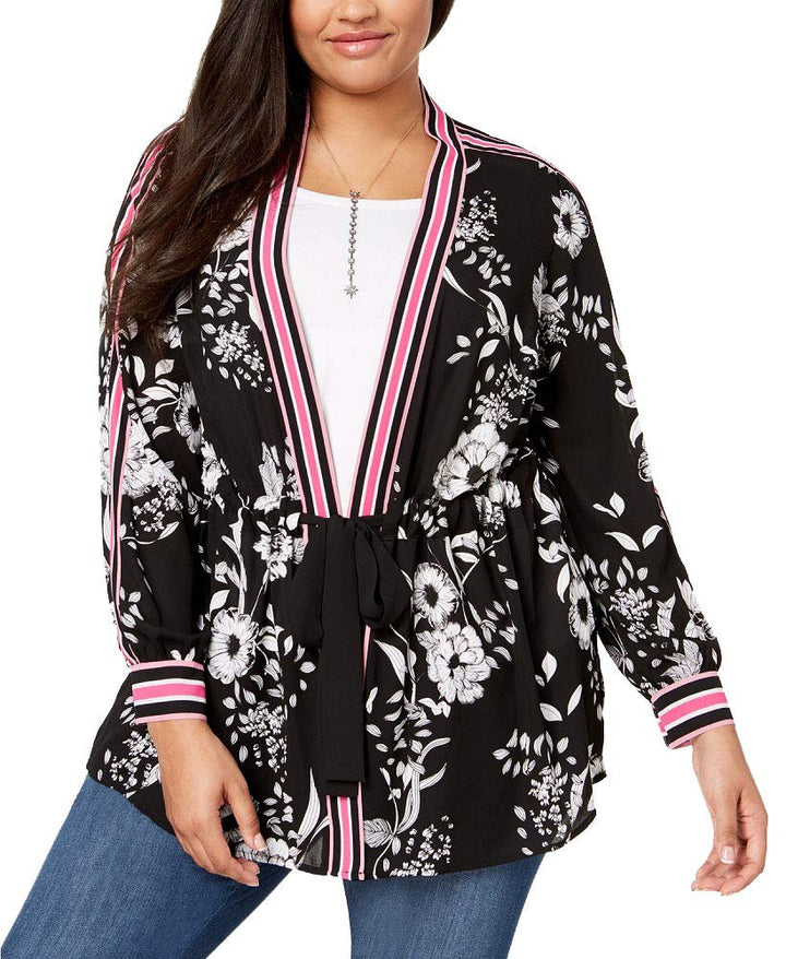 Plus Size Striped Trim Kimono