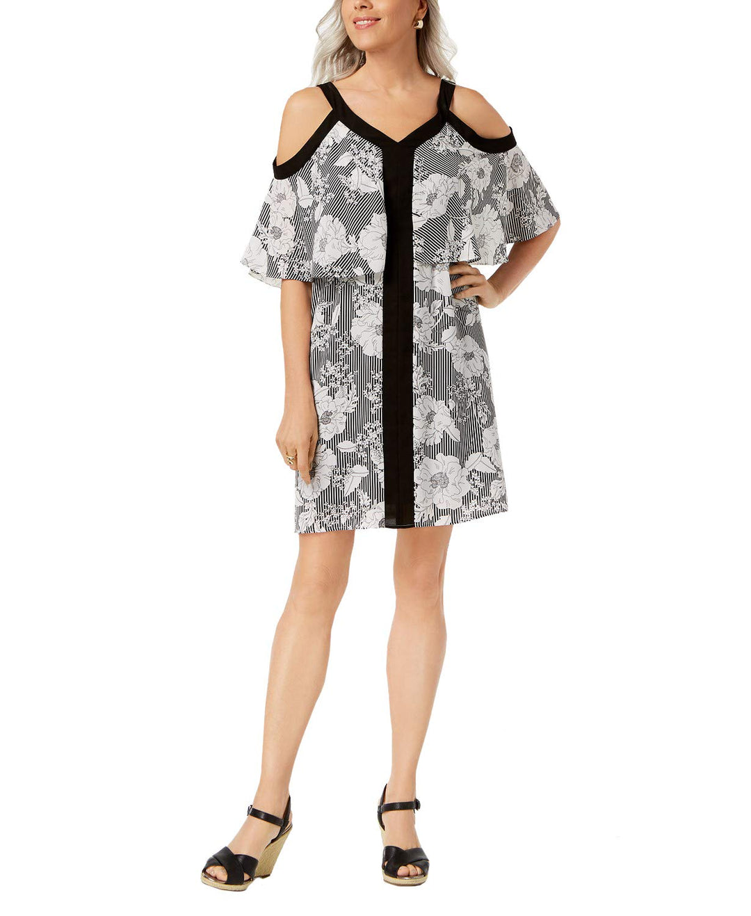 NY Collection Petite Printed Cold Shoulder Popover Dress