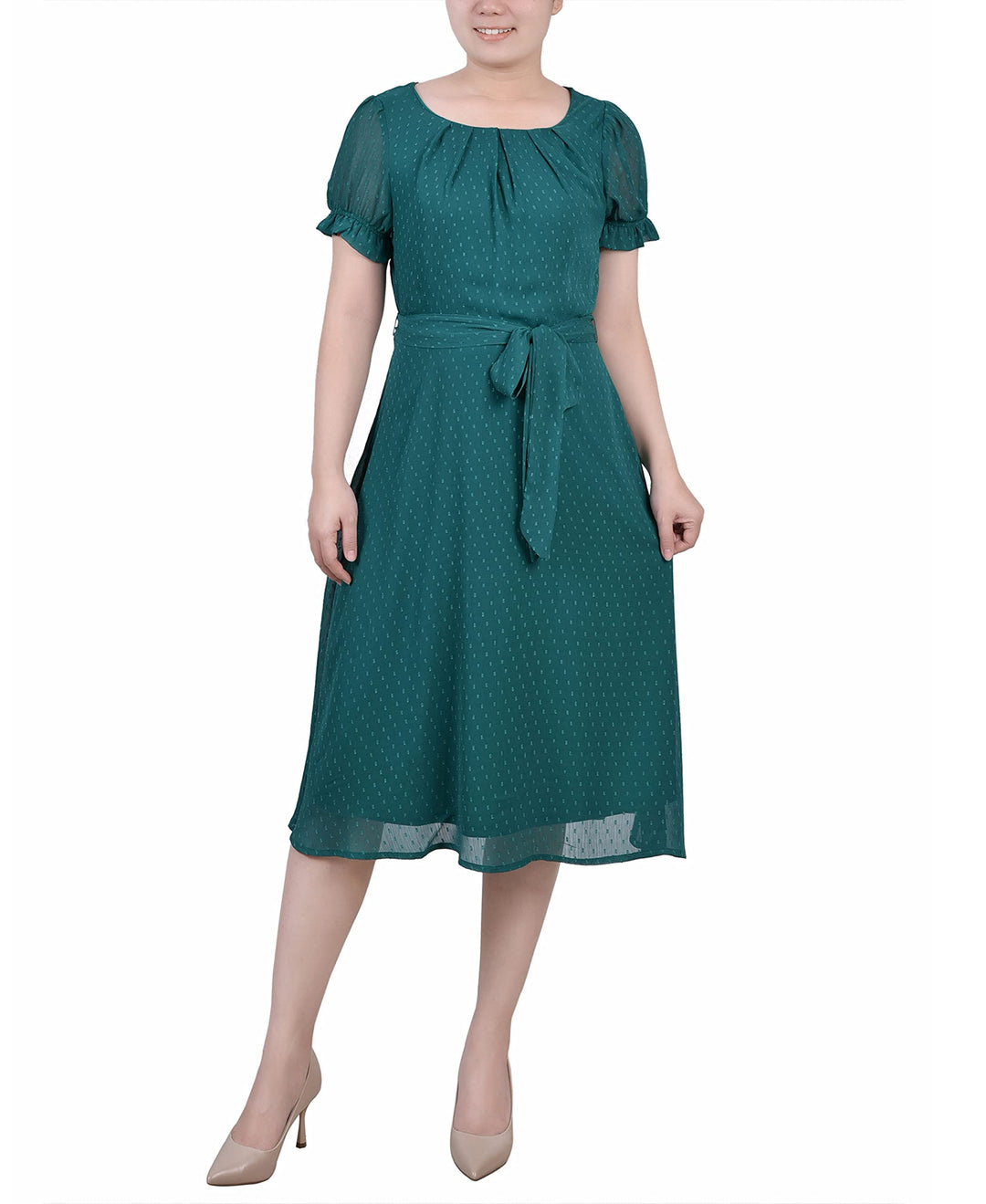 Petite Short Sleeve Belted Swiss Dot Dress