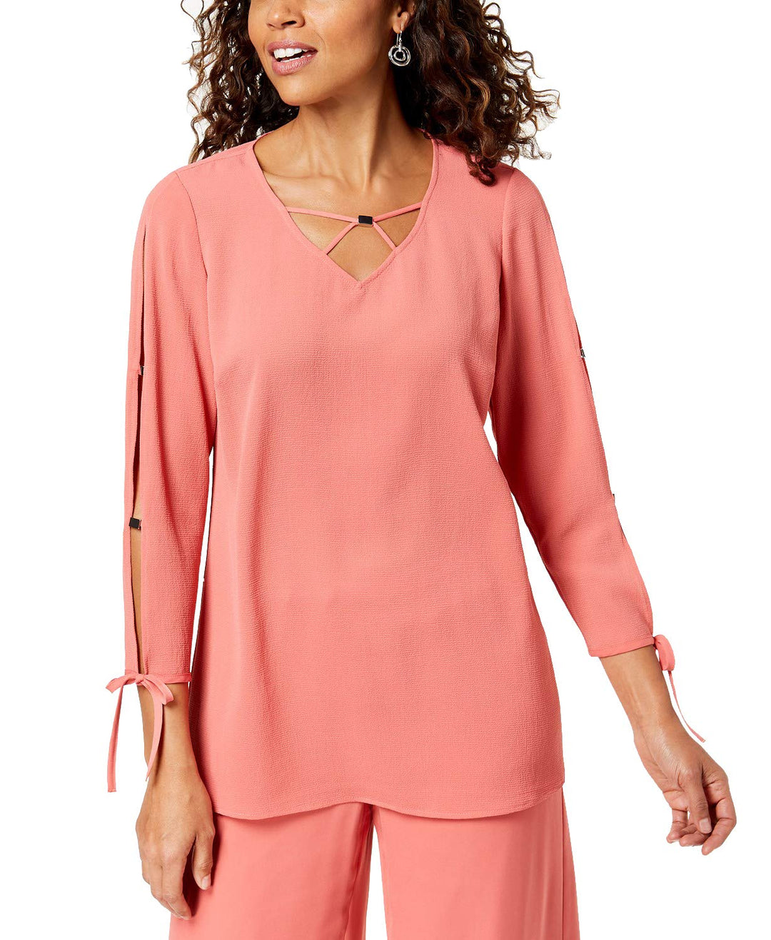 JM Collection Split Sleeve Lattice Neck Top