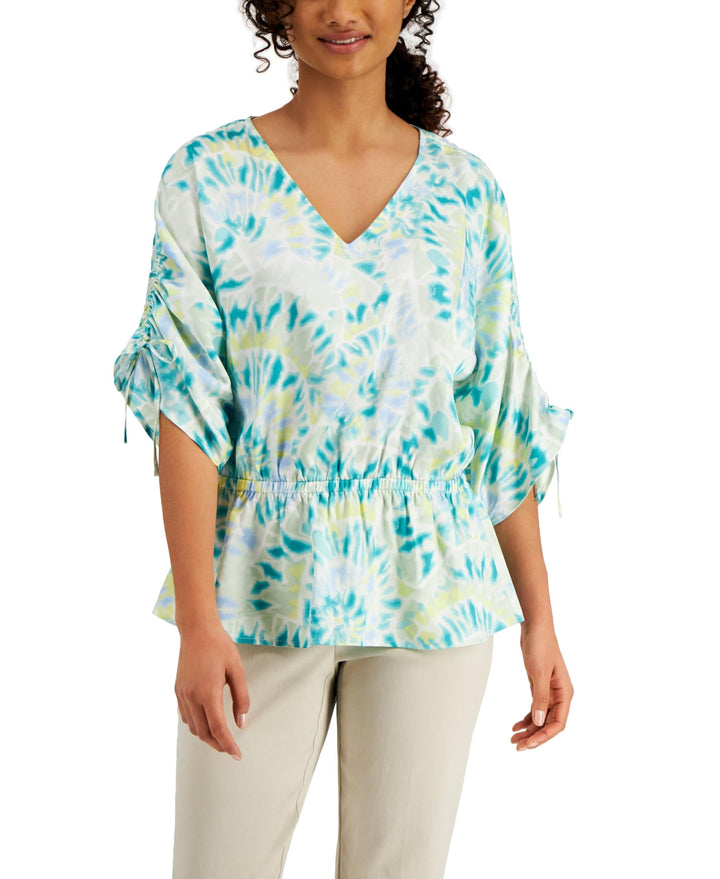 JM Collection Printed V Neck Gathered Waist Top