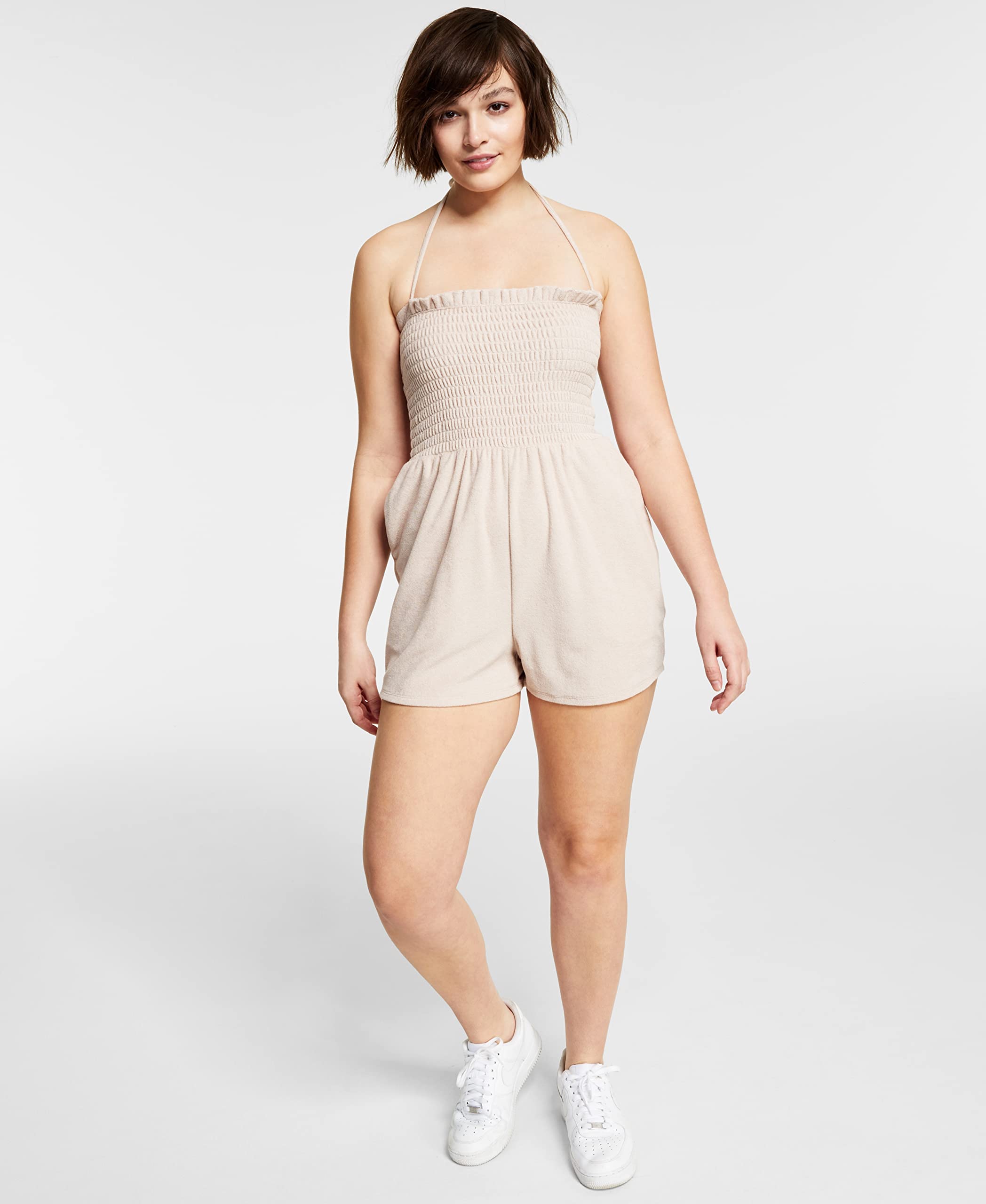 Bar III Womens Tie Neck Terry Cloth Romper