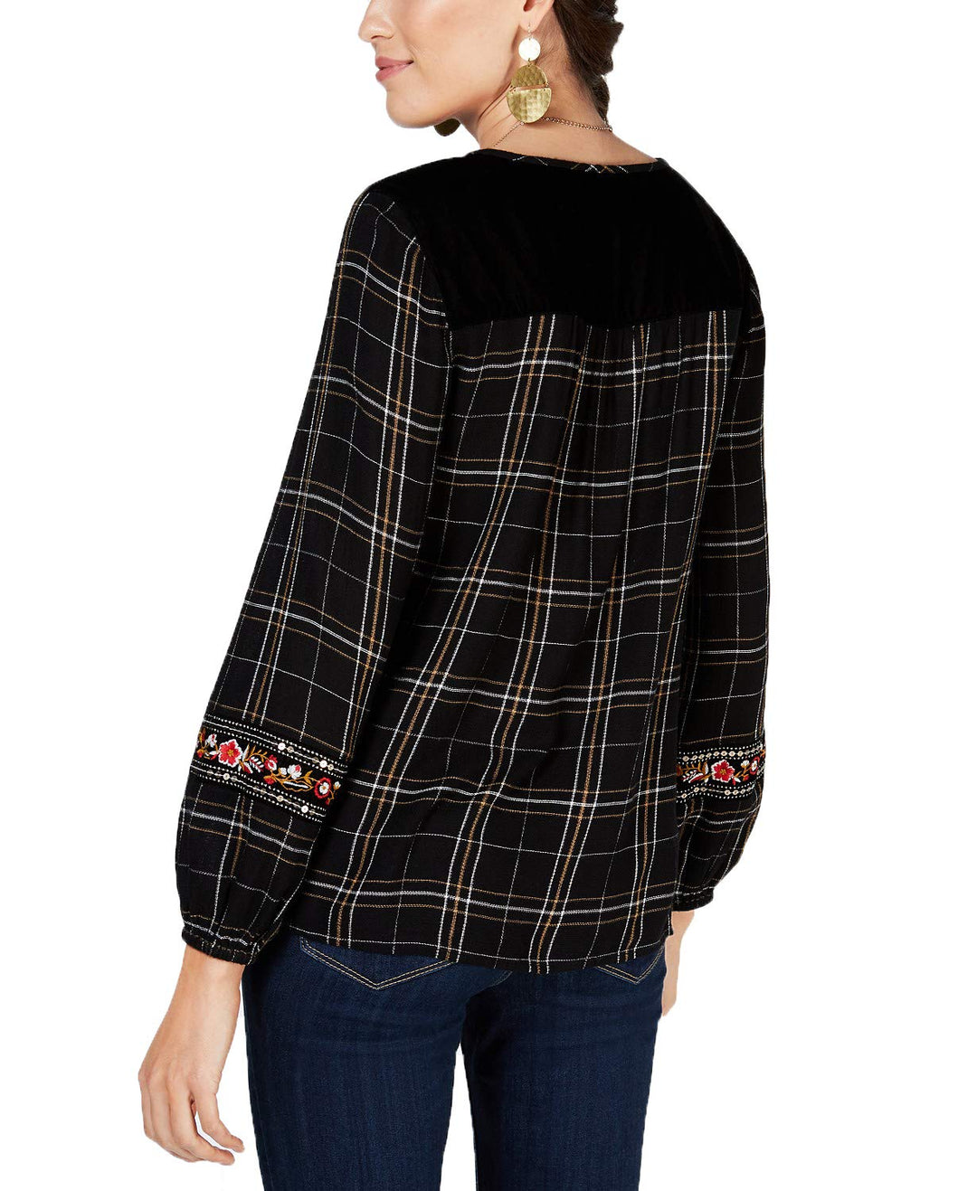 Embroidered Plaid Peasant Top