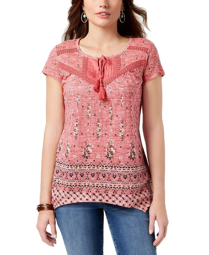 Style & Co Petite Printed Crochet Trim Top