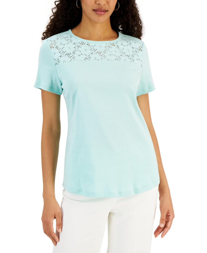 Karen Scott Short Sleeve Crocheted Yoke Top
