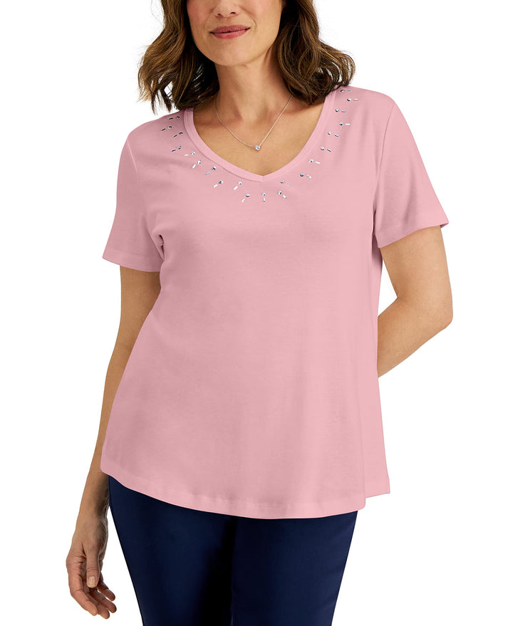 Karen Scott Womens Cotton Studded V Neck Top