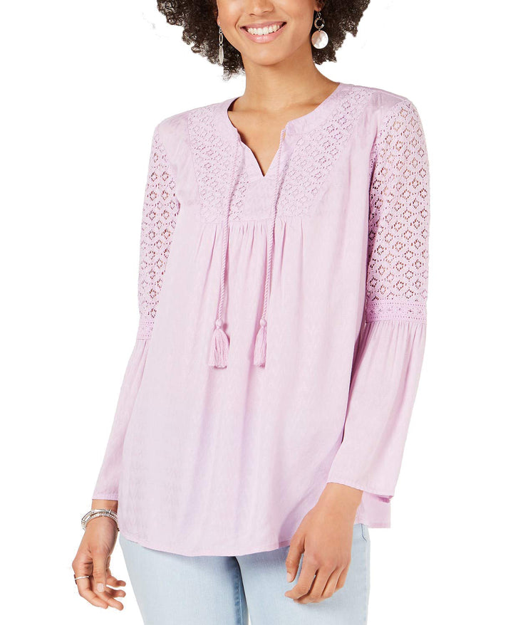 Lace Split-Neck Tassel Top