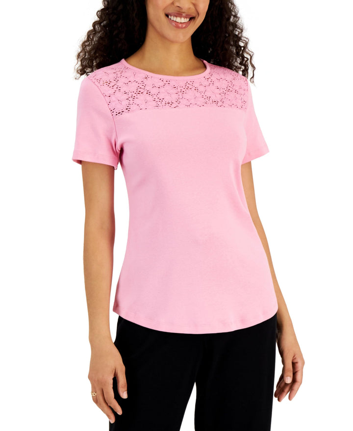 Karen Scott Short Sleeve Crocheted Yoke Top