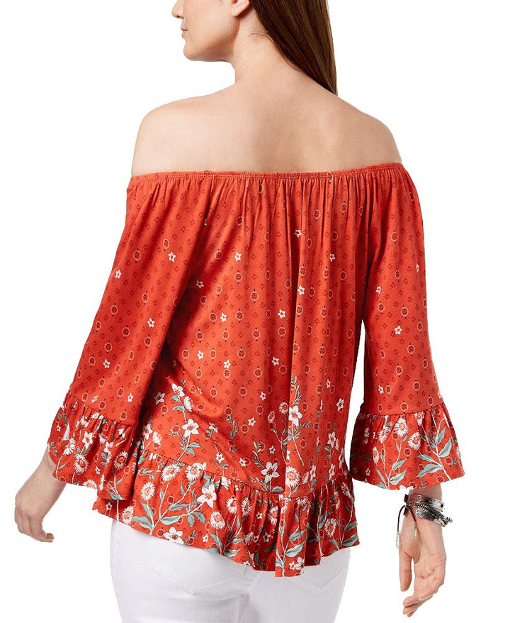Style & Co Petite Printed Off The Shoulder Flounce Top
