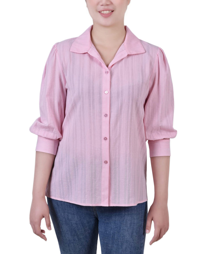 Petite 3/4 Puff Sleeve Cotton Jacquard Blouse