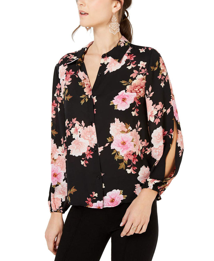 I.N.C. Petite Floral Split-Sleeve Button-Up Top