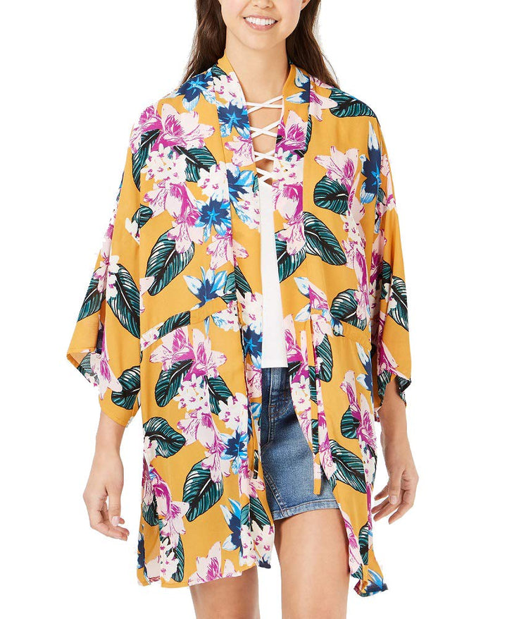 Juniors' Floral-Printed Tie-Front Kimono