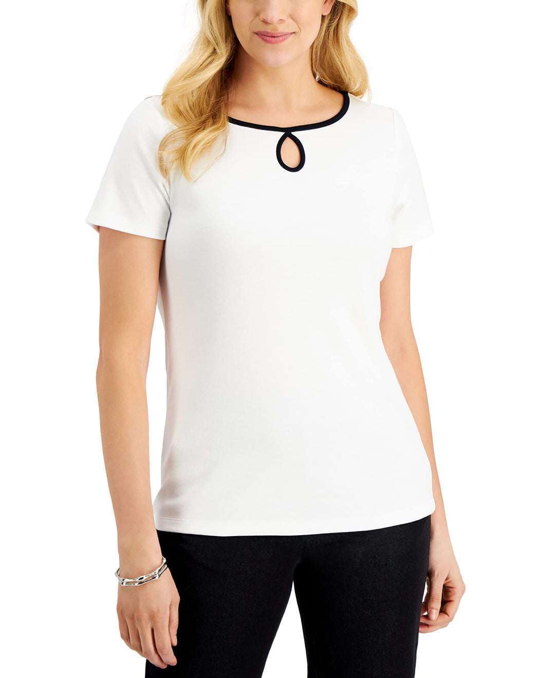 Karen Scott Short Sleeve Keyhole Boat Neck Top