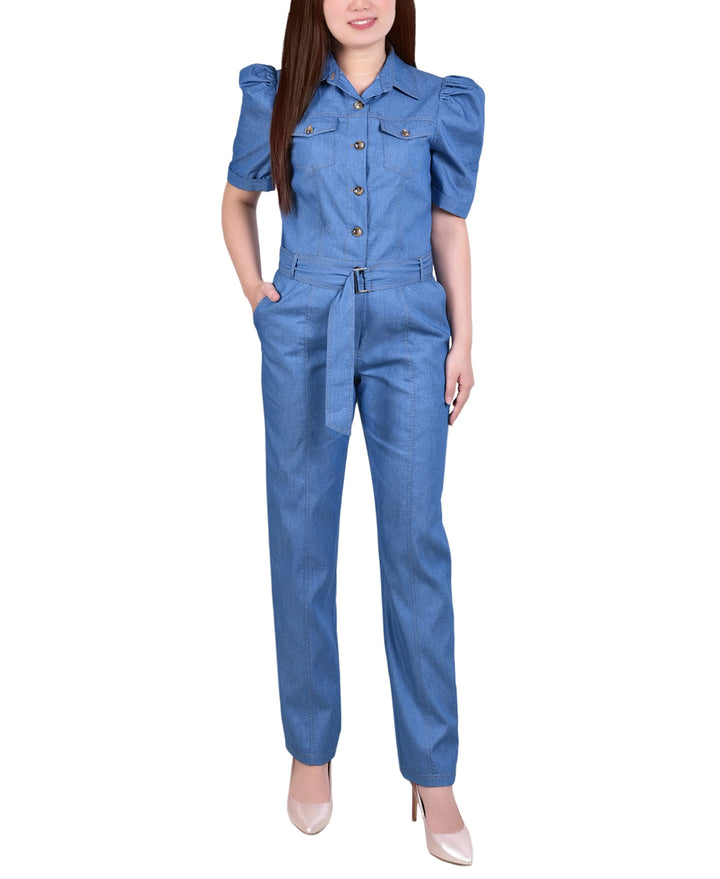Petite Short Sleeve Belted Jumpsuit
