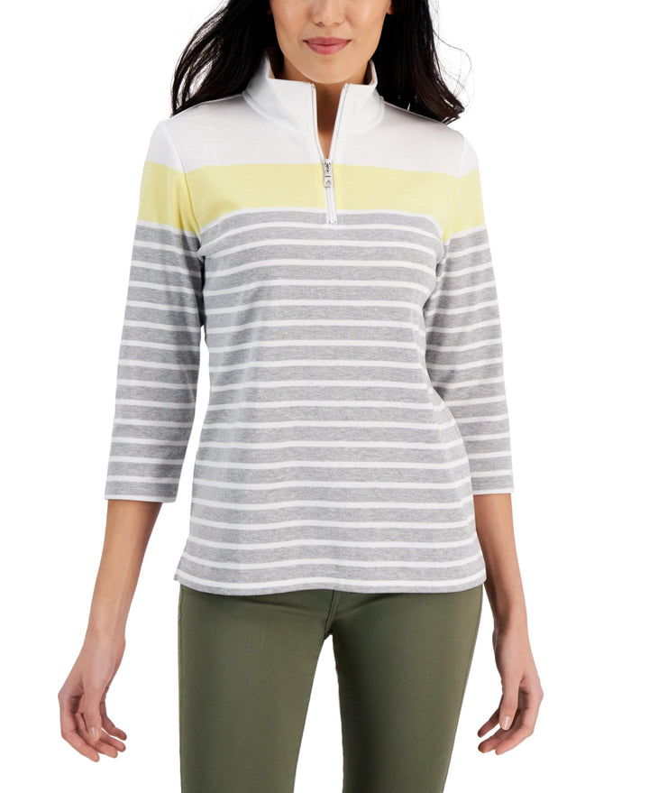 Karen Scott Striped Quarter Zip 3/4 Sleeve Top