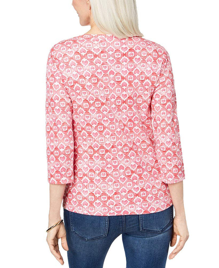 Karen Scott Petite Cotton Heart Print Henley T-Shirt