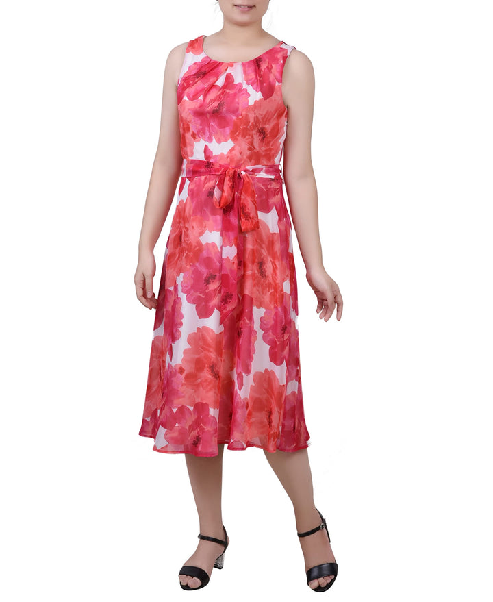 Petite Size Sleeveless Chiffon Belted Dress