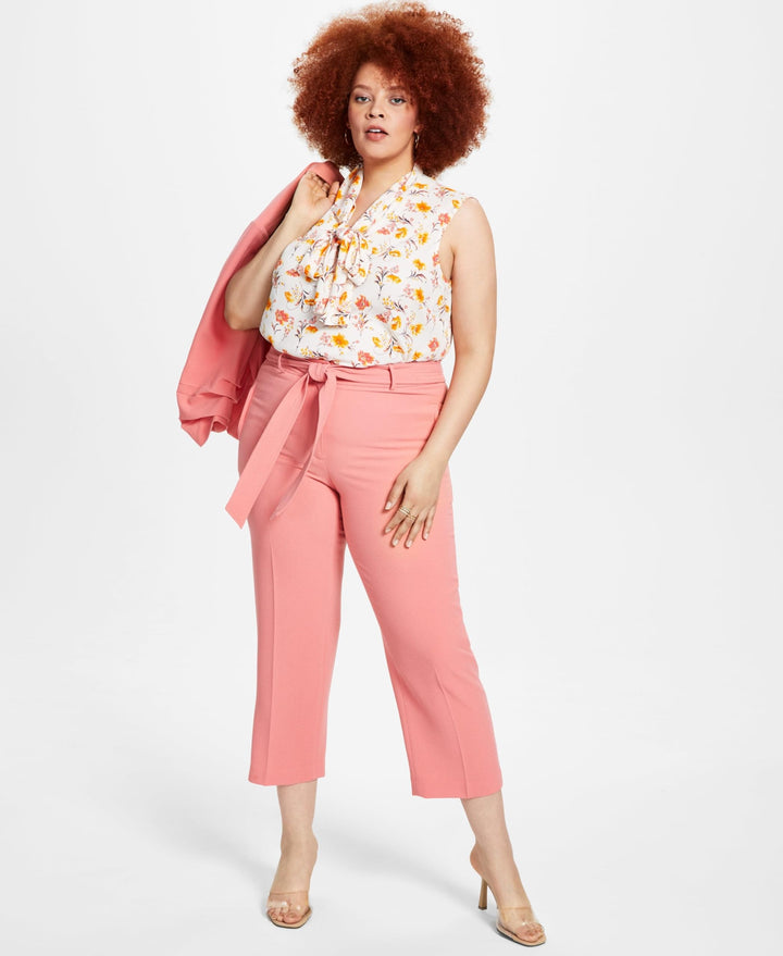 Bar III Plus Size Belted Textured Crepe Pants