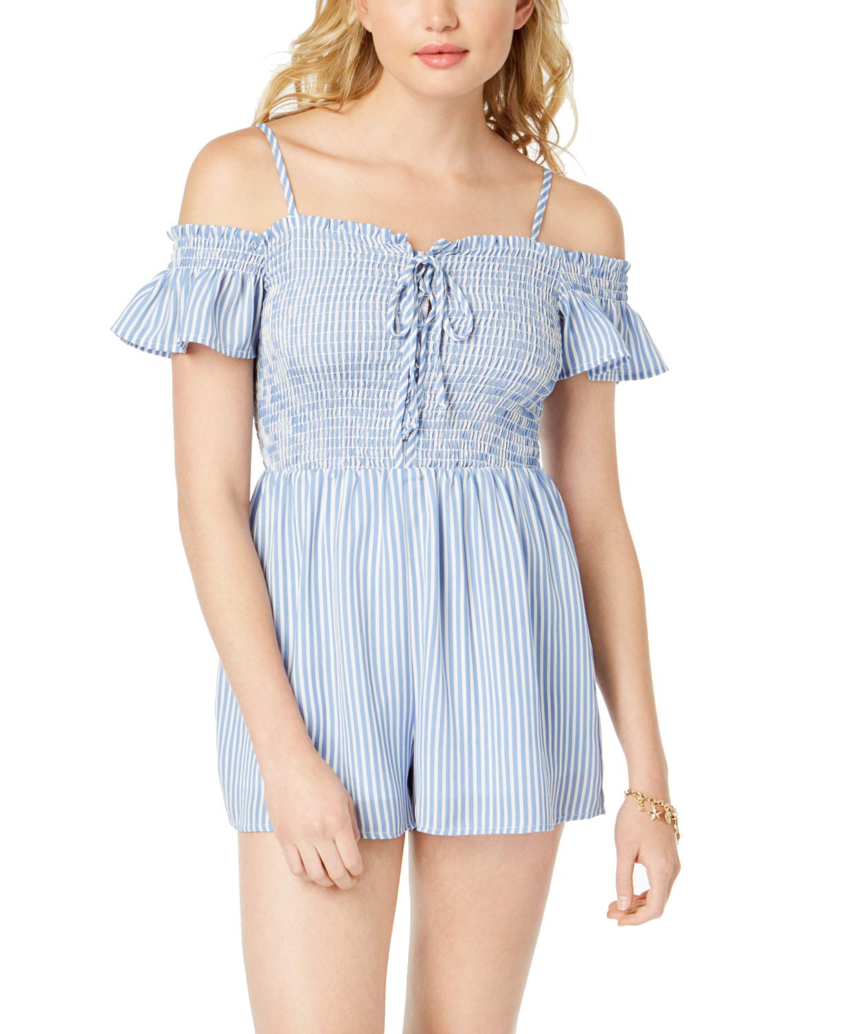 Almost Famous Juniors Smocked Cold Shoulder Romper