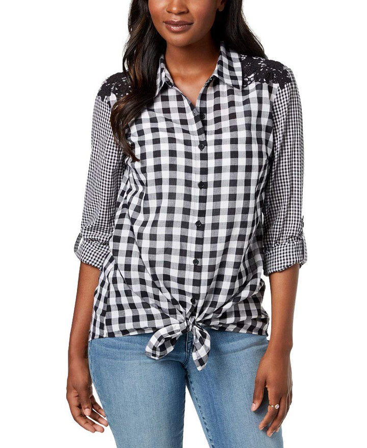 Style & Co Mixed Gingham Tie Front Shirt