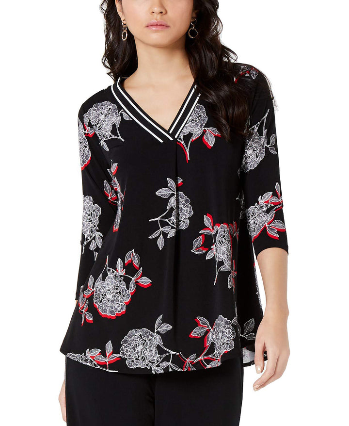 Printed Sweater-Trim Top