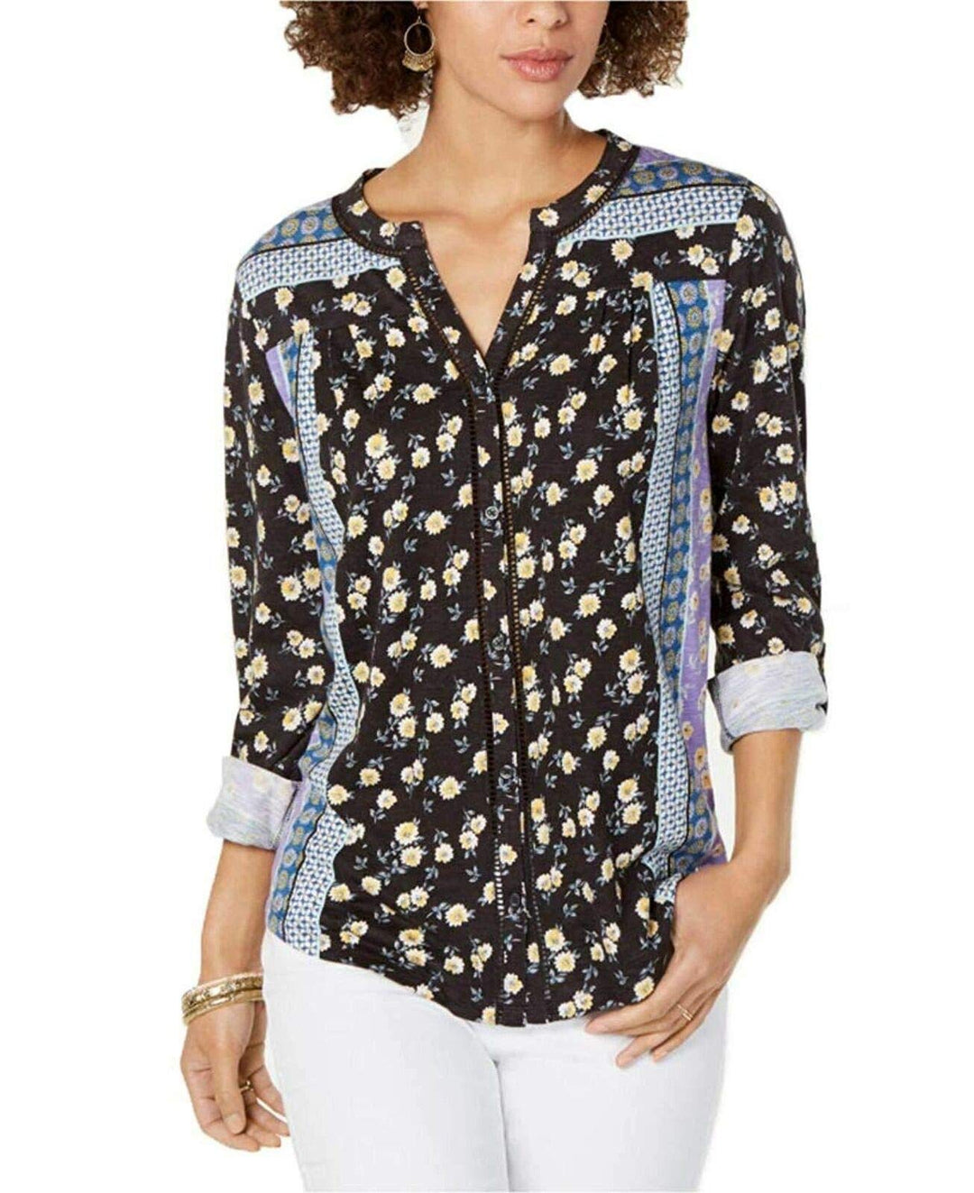 Style & Co Printed Button Neck Top
