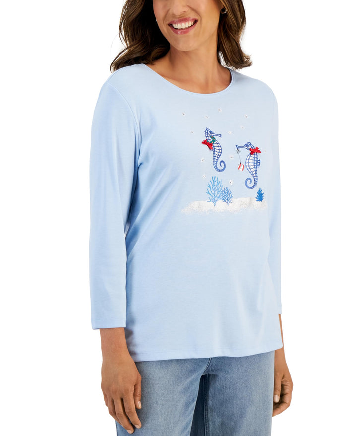 Karen Scott Womens Seahorse Graphic Top