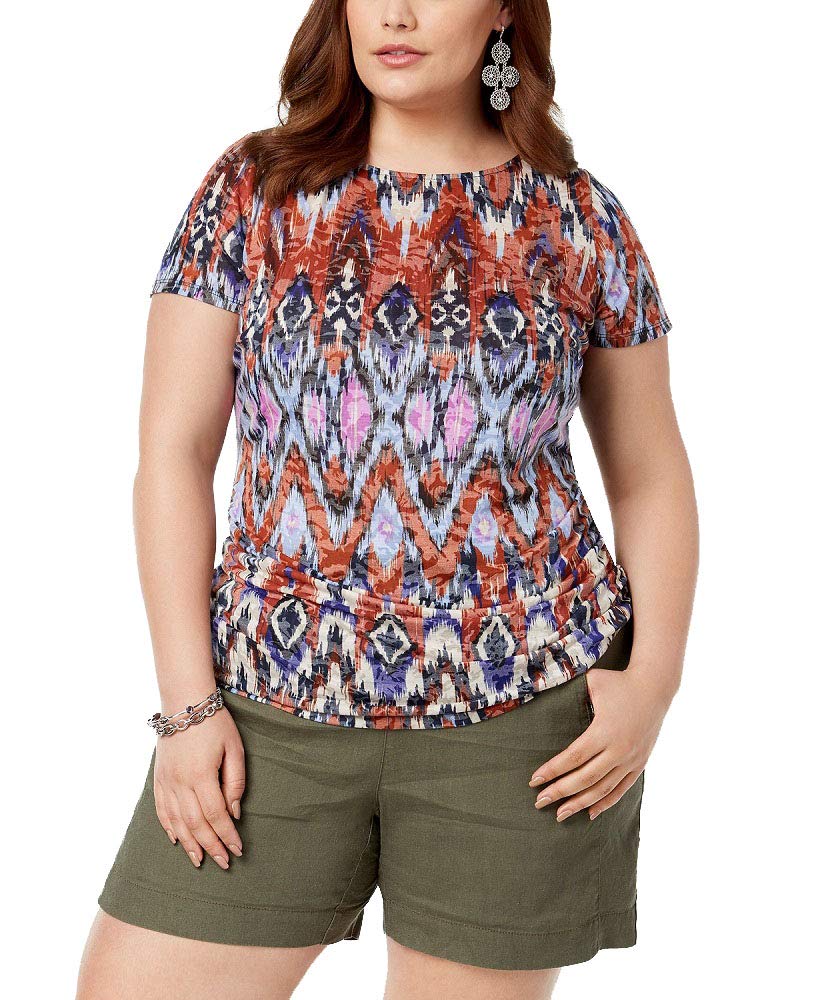 Plus Size Ruched Printed Burnout Top