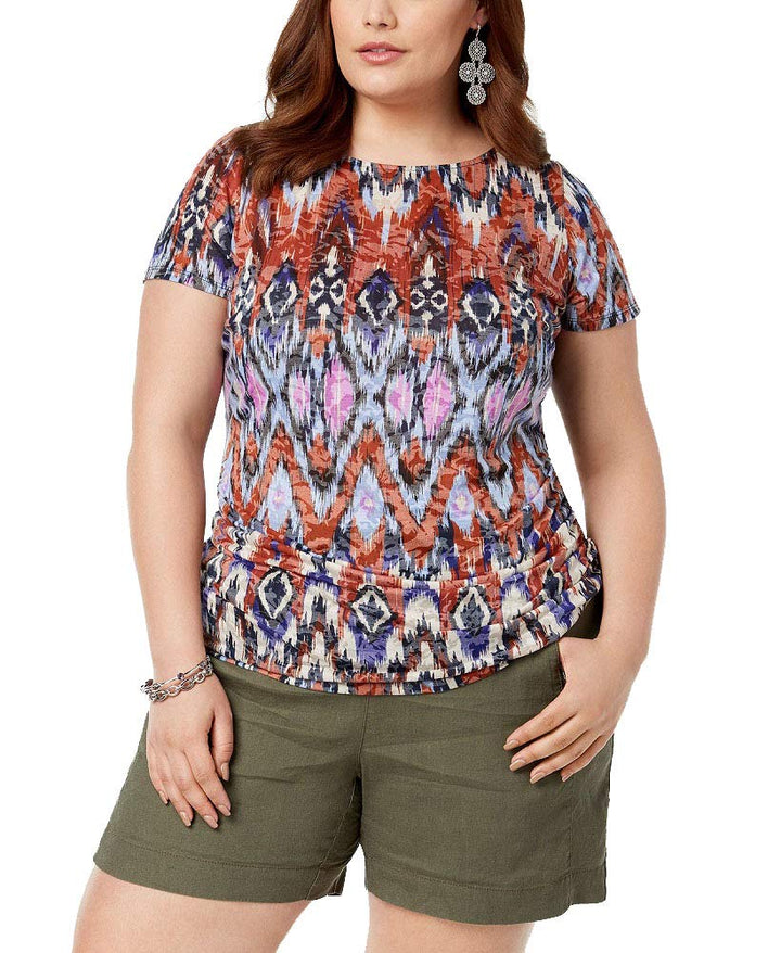 Plus Size Ruched Printed Burnout Top