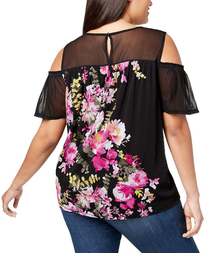 Plus Size Cold Shoulder Mesh Top