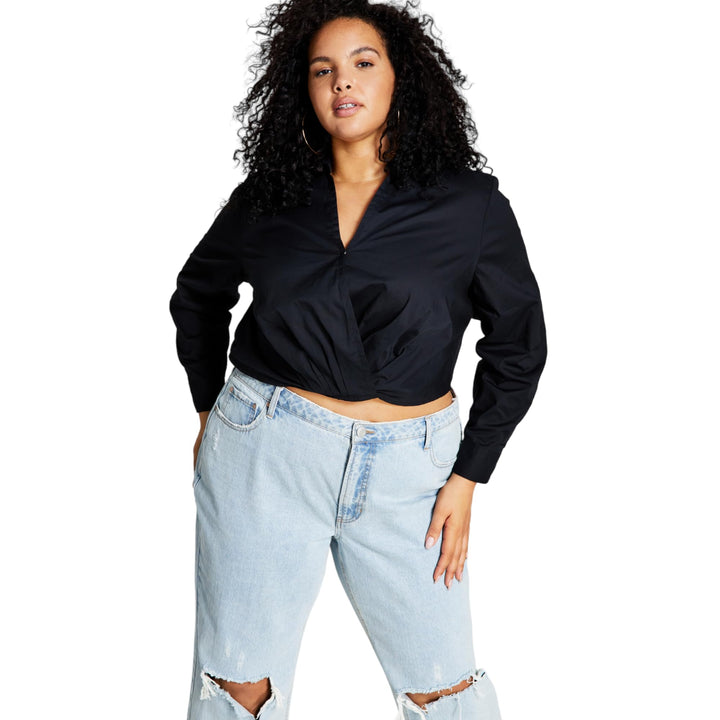 Now This Trendy Plus Size Faux Wrap Poplin Shirt
