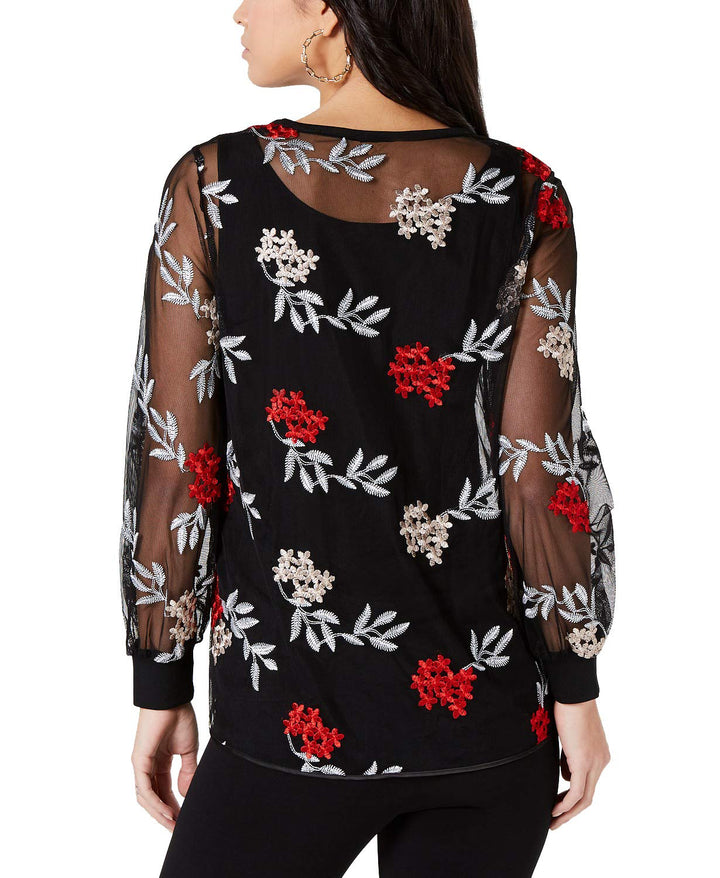 Embroidered Ribbed-Cuff Top