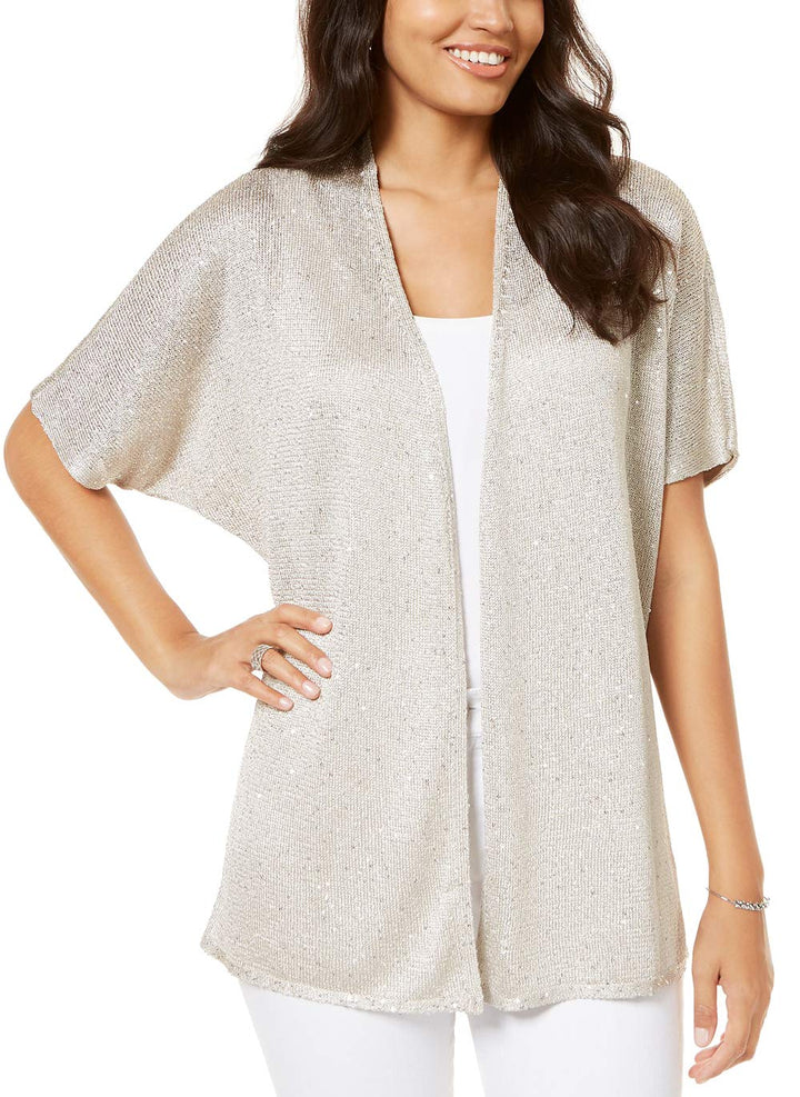 INC Petite Sequinned Drape-Front Cozy Cardigan