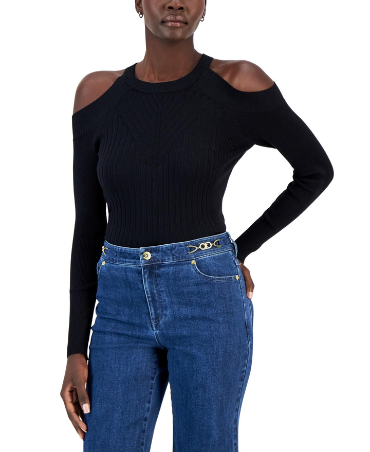 INC International Concepts Womens Ribbed Cold Shoulder Sweater