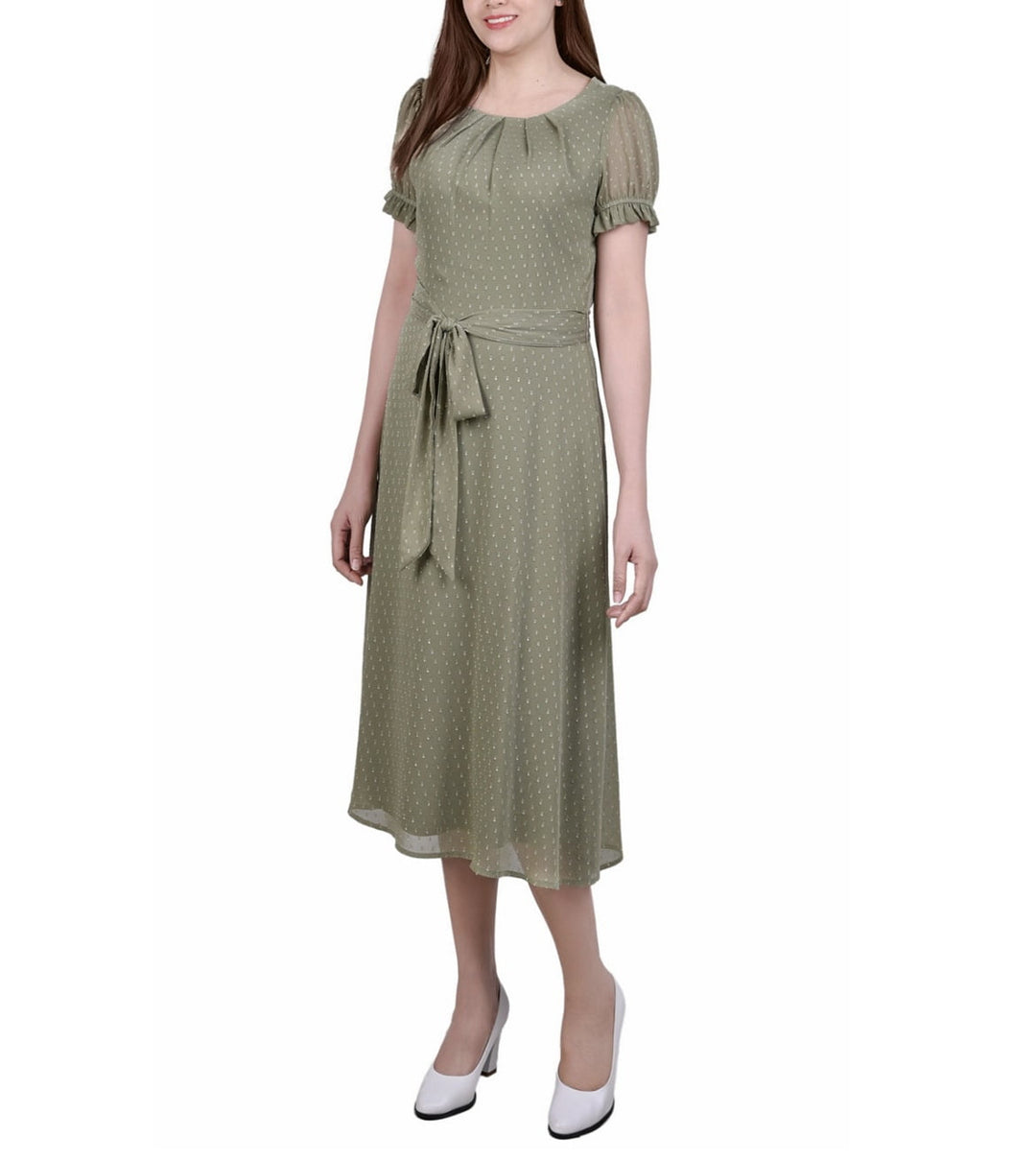 Petite Short Sleeve Belted Swiss Dot Dress