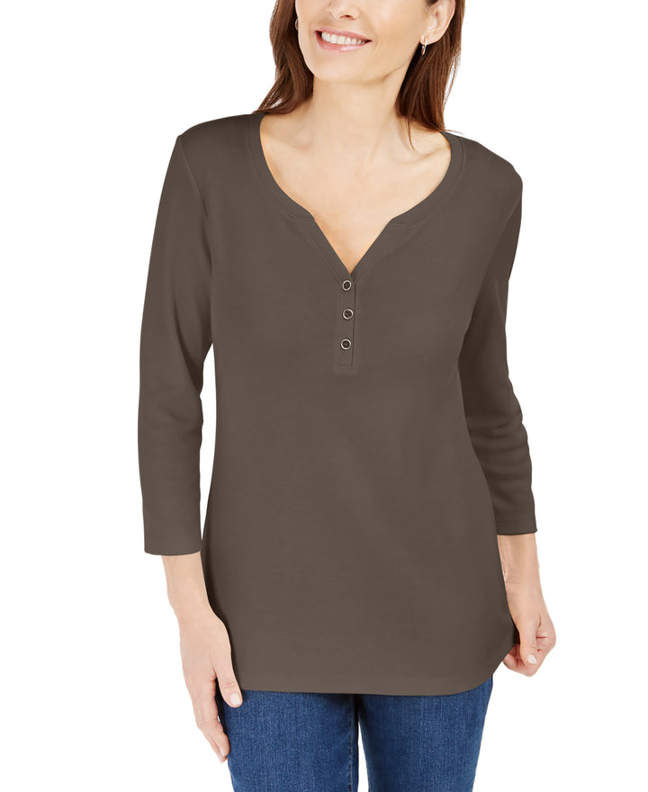 Petite Cotton 3/4-Sleeve Henley Top