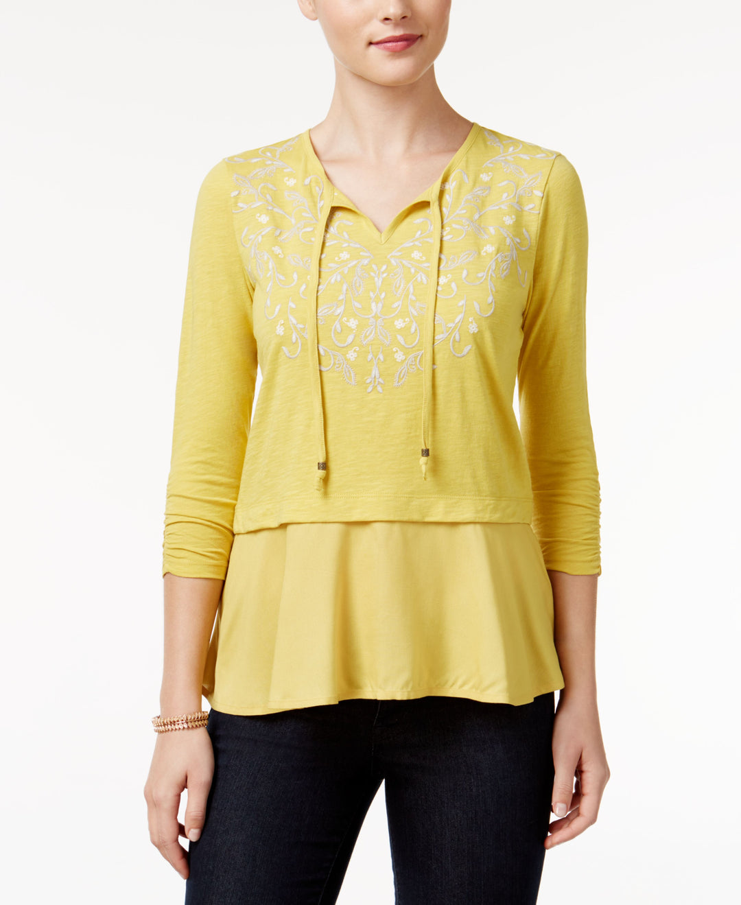 Style & Co Petite Embroidered Layered Look Peasant Top