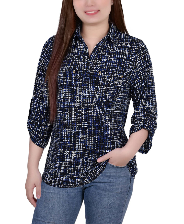 Women's 3/4 Ruched Sleeve Studded Y-neck Top